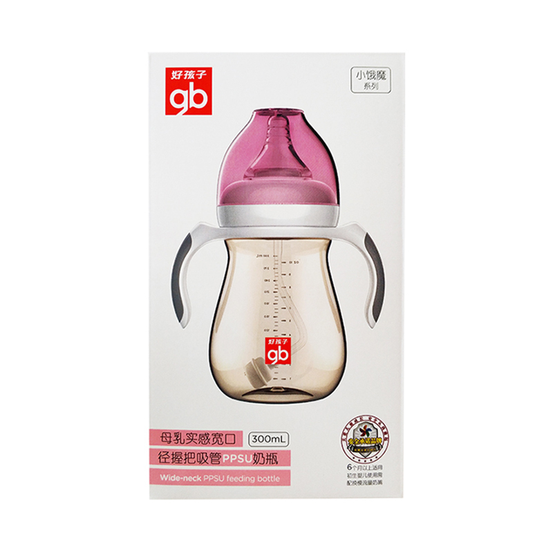 母乳实感宽口径握把吸管PPSU奶瓶300ml-粉红(小饿魔系列)