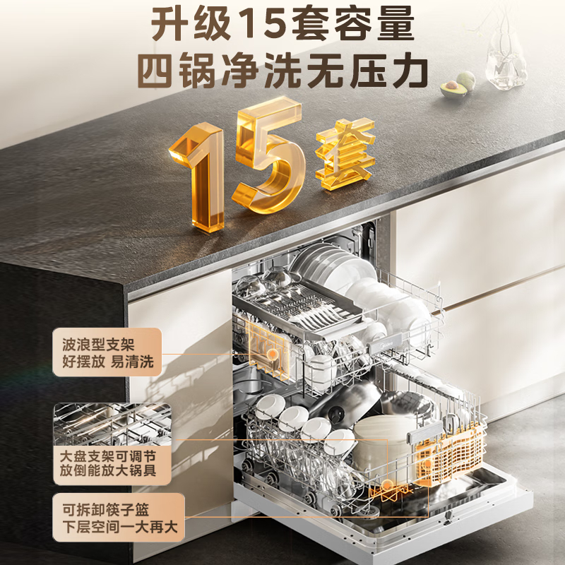 美的RX600SMax 全嵌入式洗碗机家用全自动白色 15套大容量105℃热风烘干四星单独消毒一级水效高清大图