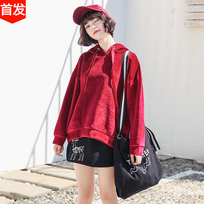 红色开叉金丝绒卫衣女套头加绒加厚短款前短后长韩版宽松连帽上衣