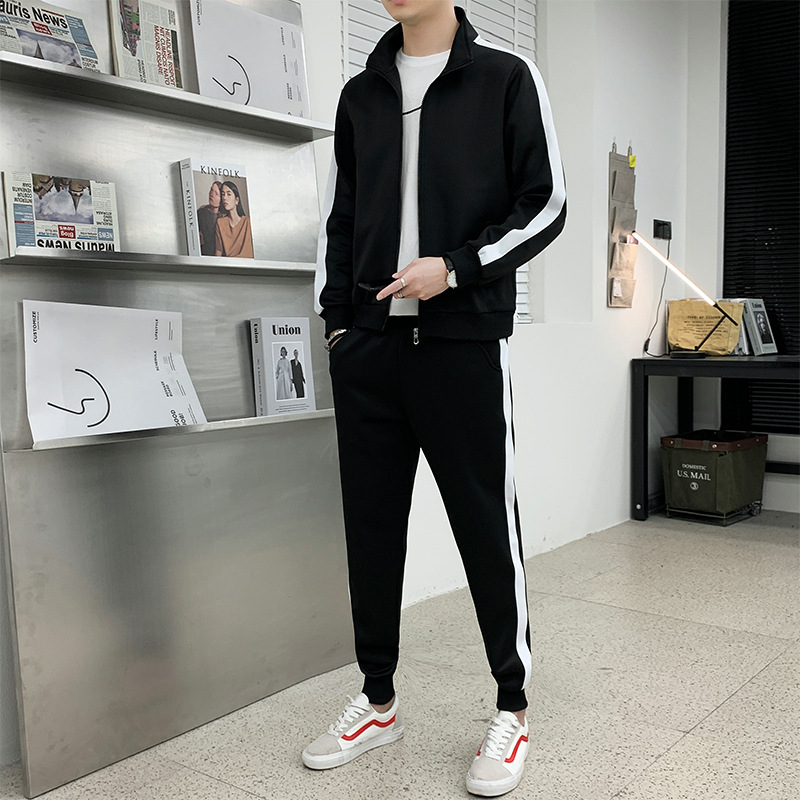 啄木鸟高端运动套装男士新款春秋开衫卫衣外套休闲裤搭配一套男装 601黑色套装 L