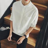 秋季文艺韩版宽松纯七分袖衬衣休闲男士打底立领7分袖衬衫潮
