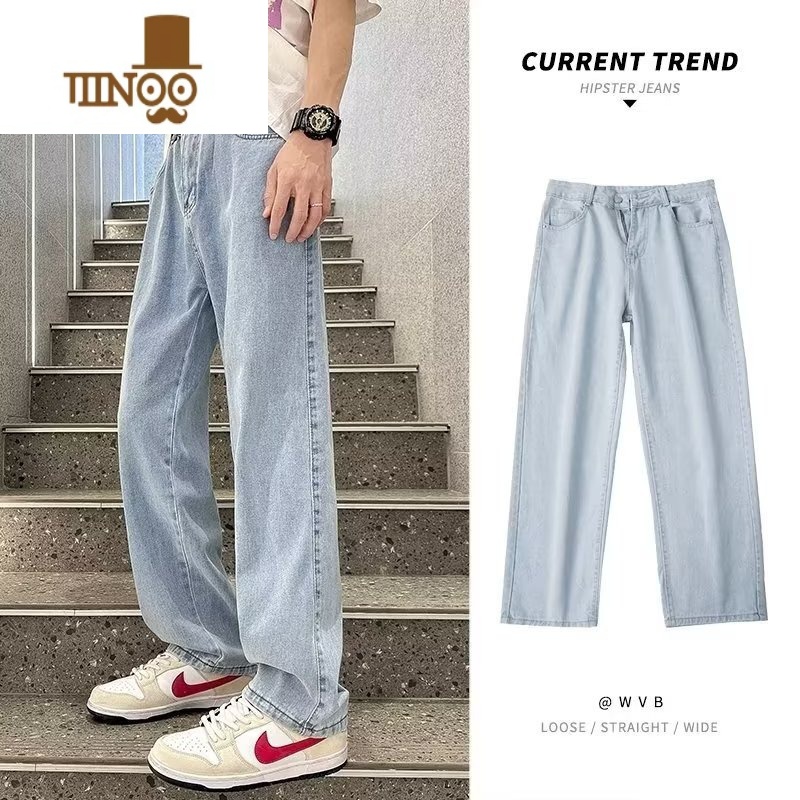 YANXU浅色牛仔裤男秋季薄款潮牌阔腿裤子男生高街直筒宽松蓝色休闲长裤高清大图