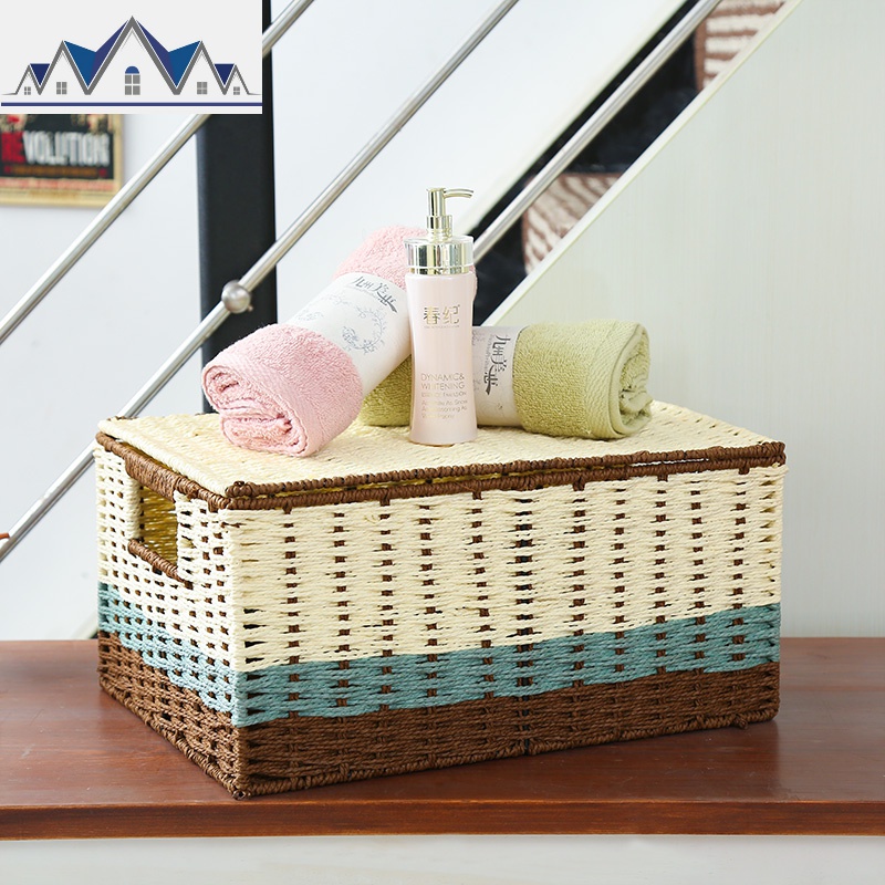 收纳筐藤编有盖桌面储物盒家居衣物玩具零食收纳框编织篮子 三维工匠收纳篮高清大图