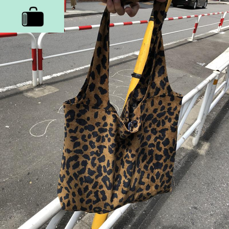 ins早春大热复古豹纹chic韩系灯芯绒面呢单肩帆布包购物袋女NEW LAKE 豹纹女手包