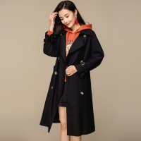 恒源祥双排扣英伦风衣女春秋新品中长款系带收腰复古炸街大衣外套 165/M 丈青