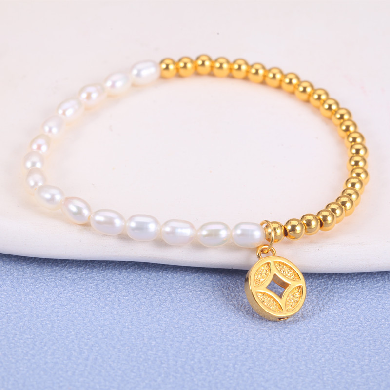 新金珠宝古法黄金金币挂坠手链5d硬金小金珠珍珠手串珠光宝气串珠1042