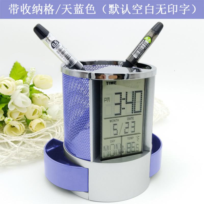 电子万年历笔筒收纳盒创意时尚桌面圆形学生多功能商务定制印logo 三维工匠 黑色照片定制_558