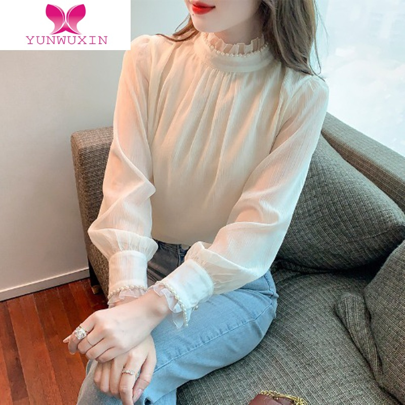YUNWUXIN法式立领雪纺衬衫女秋装新款20222洋气甜美蕾丝拼接打底上衣内搭