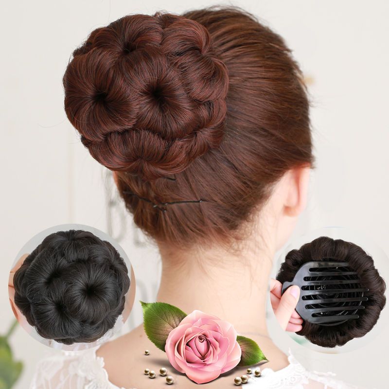 自然黑丸子头盘发器头花盘头假发造型九朵花爪夹盘发新娘丸子头发包