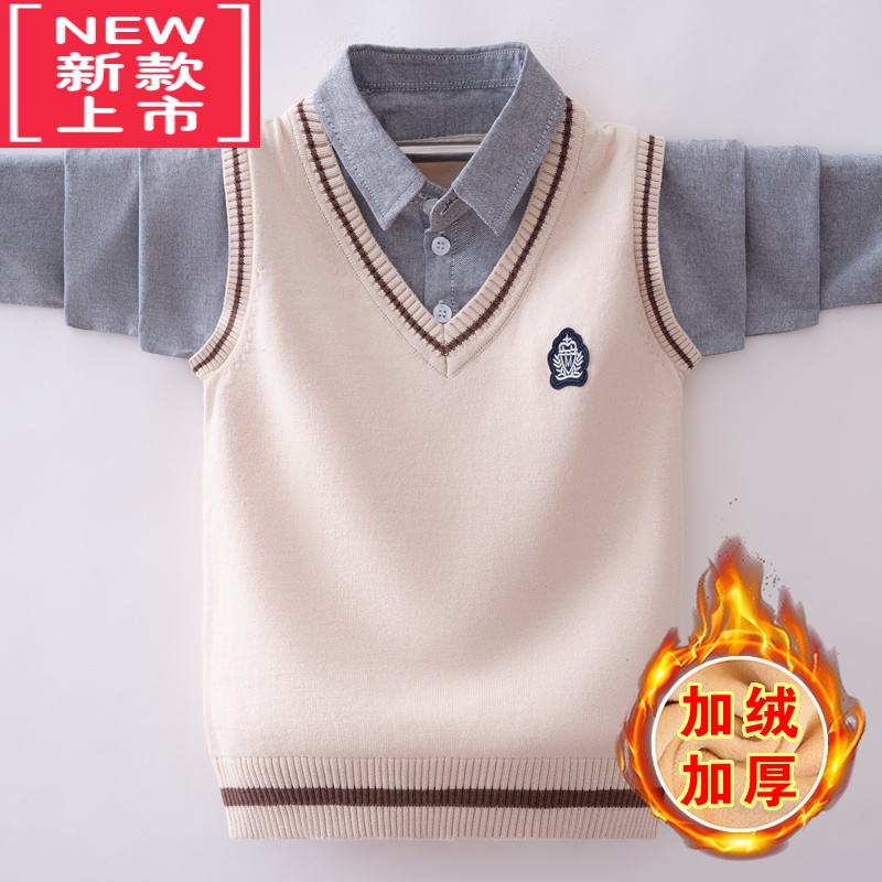 可莉允男童假两件毛衣春秋新款儿童洋气衬衣中大童针织衫童装男孩春装潮