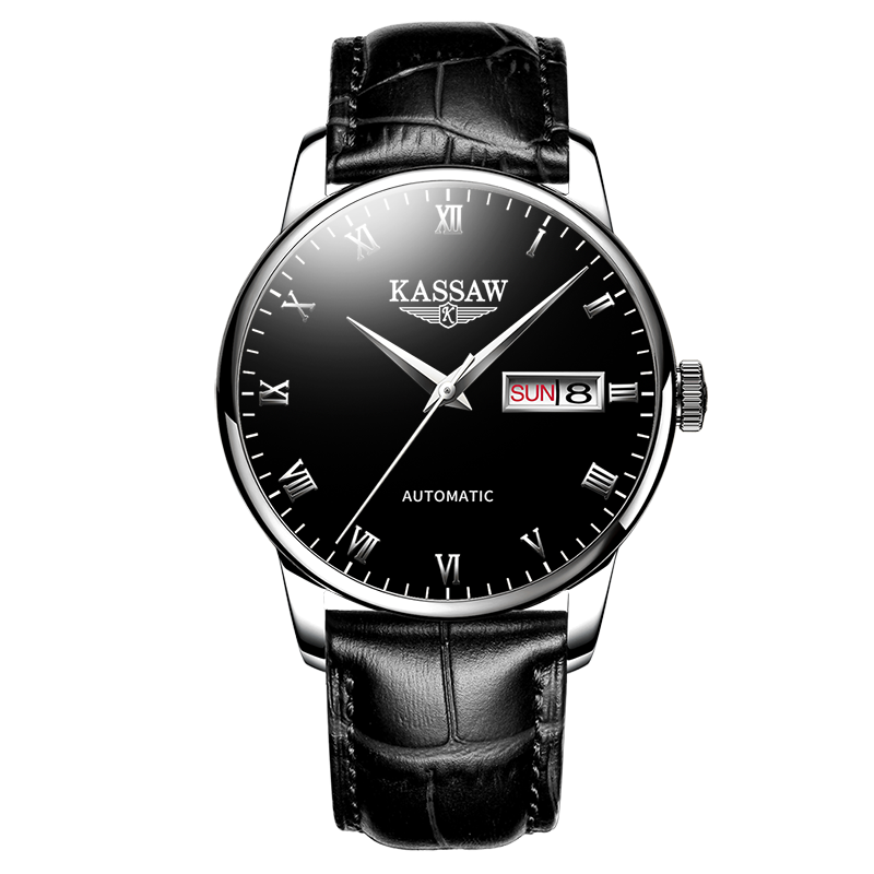 卡梭(KASSAW) 手表防水双日历商务休闲全自动机械表男表时尚男士腕表K853G 白壳黑面皮带