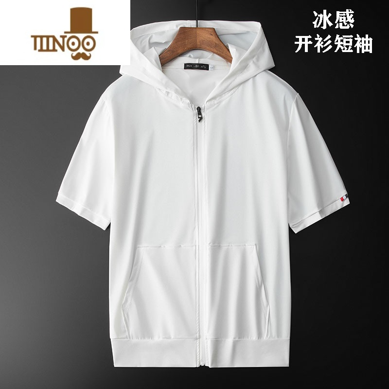 YANXU2023夏装短袖卫衣男连帽冰丝t恤男冰感宽松衣服男ins半袖白t大码高清大图