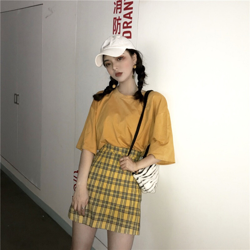 2018夏季新款复古高腰格子半身裙女学生胖mm显瘦a字裙包臀裙200斤图片格