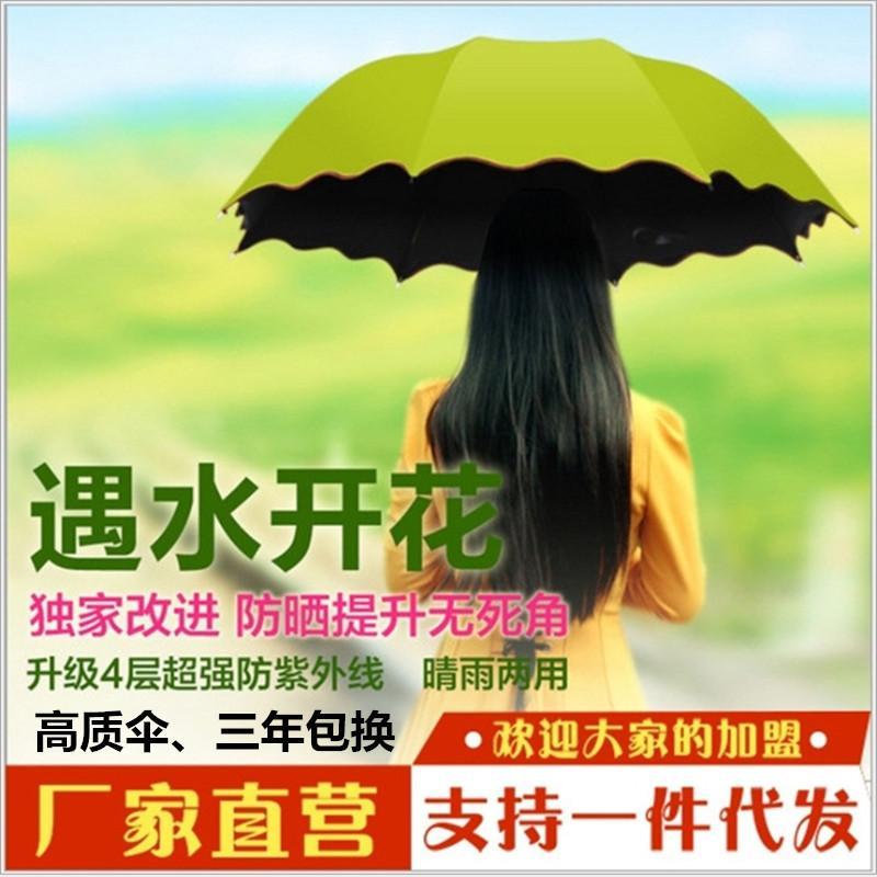 创意 遇水开花现花 三折黑胶 防 遮阳伞女 天堂伞 雨伞