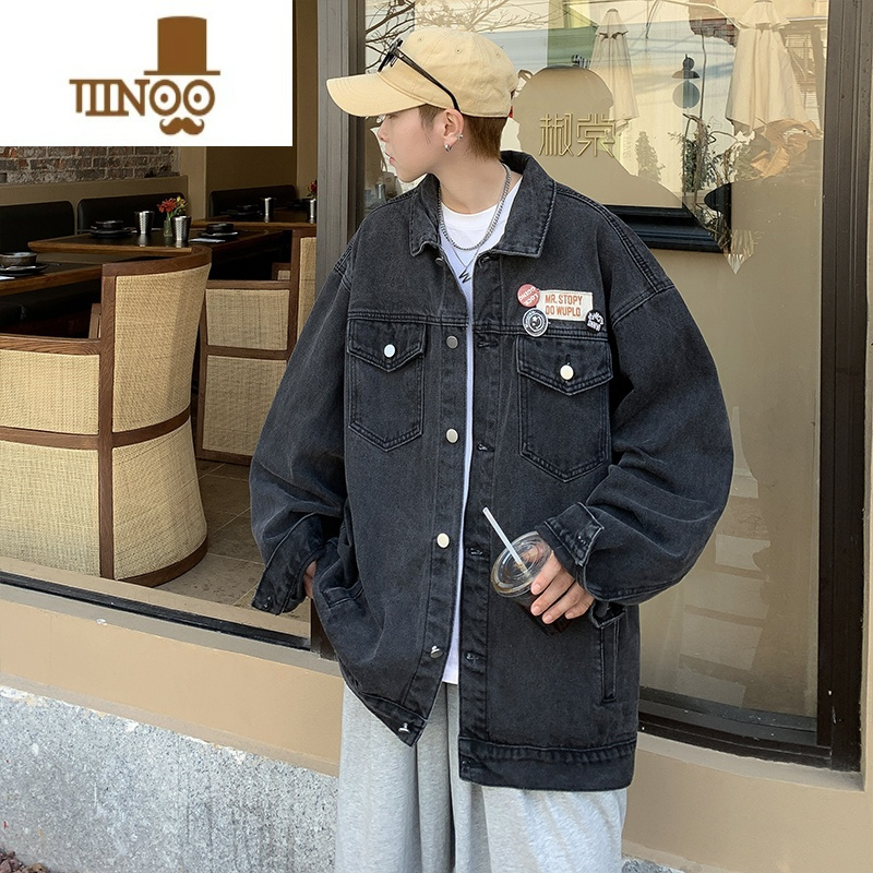 YANXU牛仔外套男日系潮牌街头嘻哈宽松翻领贴标休闲夹克情侣衣服