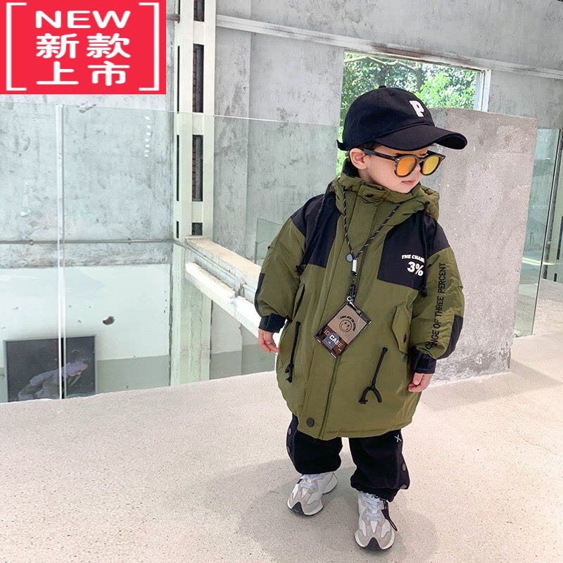 可莉允小小郑儿童冬装外套帅气工装风宝宝棉袄过膝中长款军绿色男童棉服图片