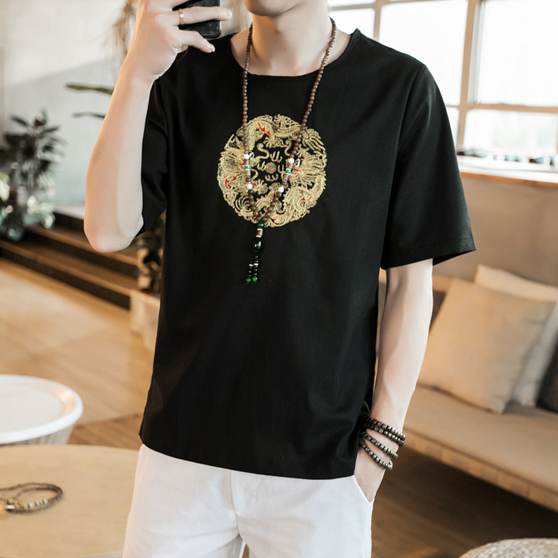 夏季年轻中国风男装加肥加大码刺绣复古棉麻亚麻短袖T恤宽松半袖