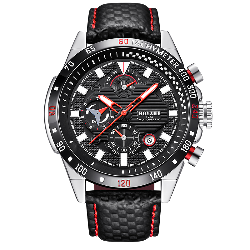 手表男博雅哲(BOYZHE)2019年新款运动全自动机械表瑞士商务男表时尚夜光品牌男士手表皮带款 银壳黑圈+黑面+黑带