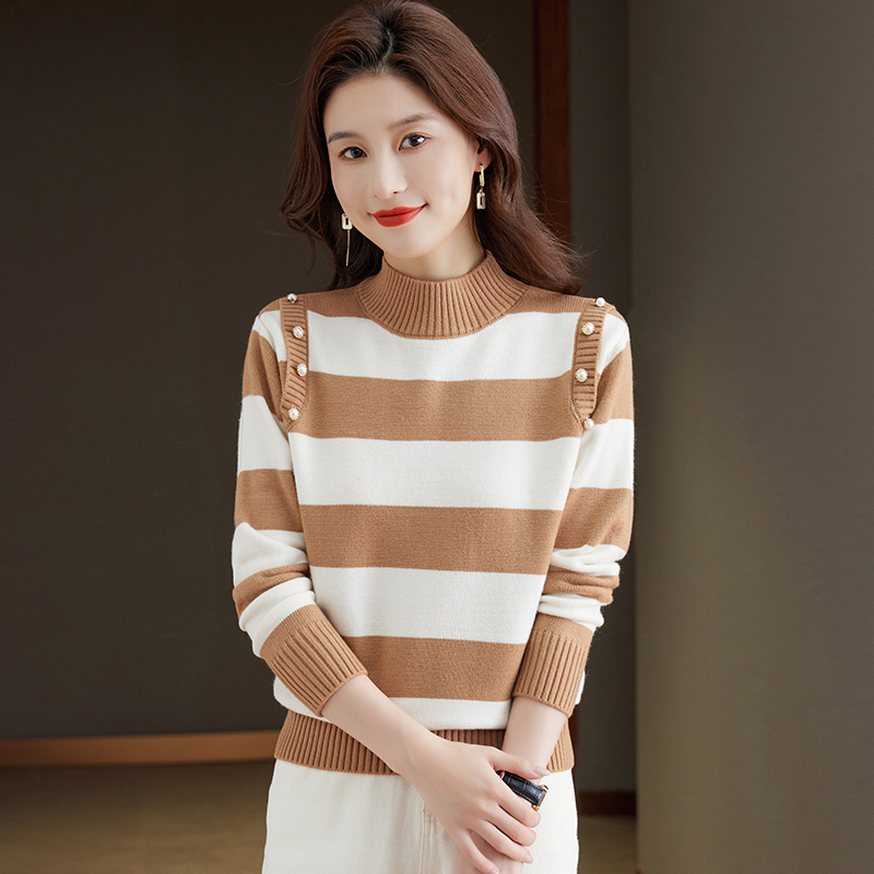 2024春秋新款半高领双股羊绒衫女半高领100%纯山羊绒毛衣印花针织衫宽松慵懒毛衣套头女装上衣针织打底衫加厚外搭毛衣女高清大图