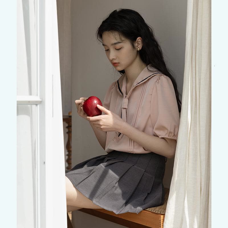 2022夏季新款韩版清新盐系撞色边领可爱衬衫上衣女图片