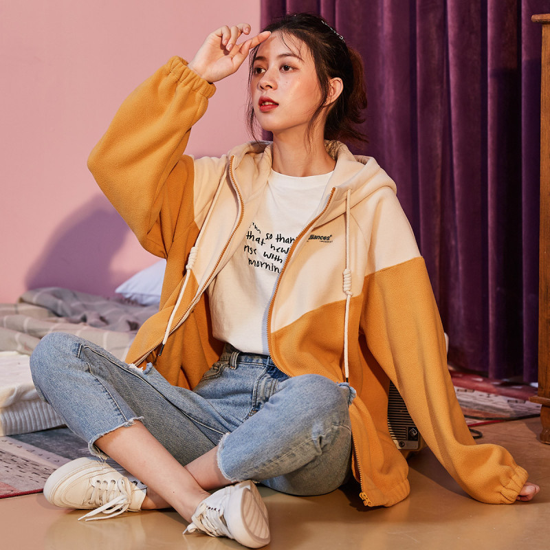 唐狮短款外套女外套拼接连帽摇粒绒外套女装外套女冬休闲外套女