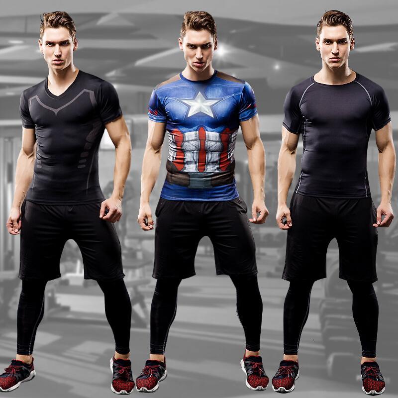 健身服男套装三件套健身房运动服速干短袖紧身衣篮球训练裤跑步服