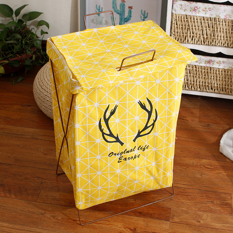 北欧铁架脏衣篮可折叠脏衣服收纳筐棉麻脏衣篓玩具收纳桶防水 黄色米格鹿角铁架带盖