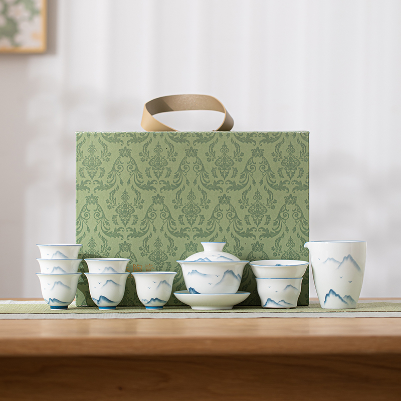 苏氏陶瓷(SUSHI CERAMICS)手绘画江山羊脂玉瓷盖碗套组非遗老师苏爱珍作品