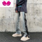 七斓牛仔裤男水洗高街宽松直筒休闲长裤重工拉链设计修身小脚裤子