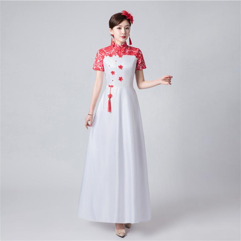 中国风礼服大合唱团演出服女长裙成人中老年学生朗诵古筝表演服 红色长款 S [26码]