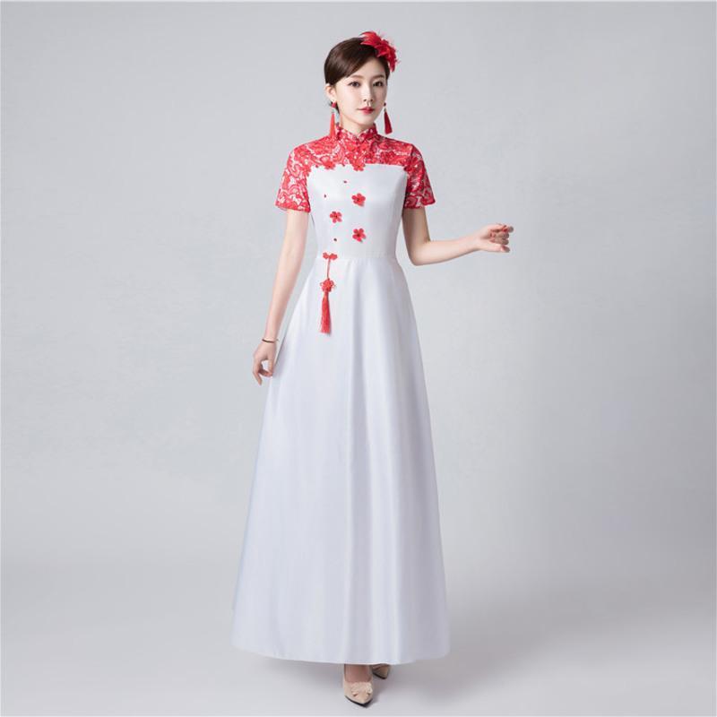 中国风礼服大合唱团演出服女长裙成人中老年学生朗诵古筝表演服 红色长款 S [26码]