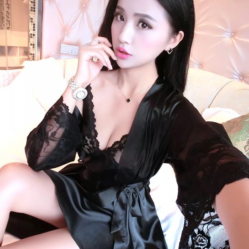 性感睡衣女夏春秋薄款两件套睡袍吊带蕾丝浴袍仿冰丝中长裙女家居服莎丞