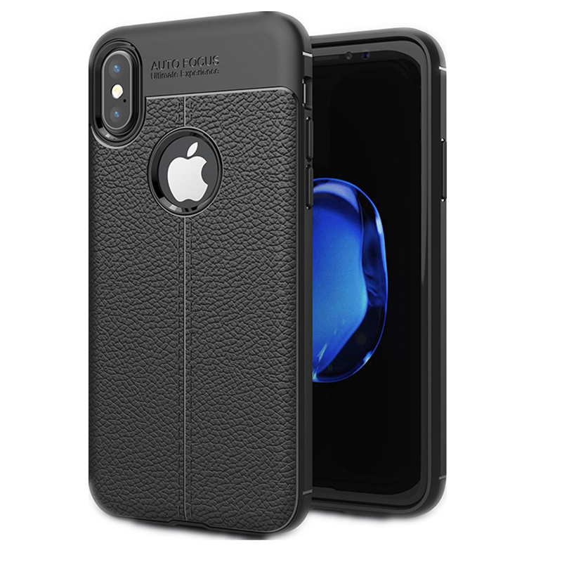 iphoneX 网纹散热设计手机壳苹果10全包防摔防撞皮纹保护套 荔枝纹软壳-经典黑