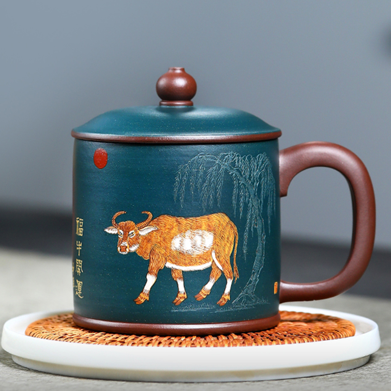 铭陶满堂宜兴紫砂杯主人杯纯手工泥绘牛泡茶杯大容量茶具带盖杯子视频