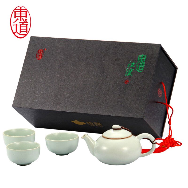 东道 汝窑 青瓷陶瓷套装茶具 天龙天乐壶组 一壶三杯 开片可养 天青色高清大图