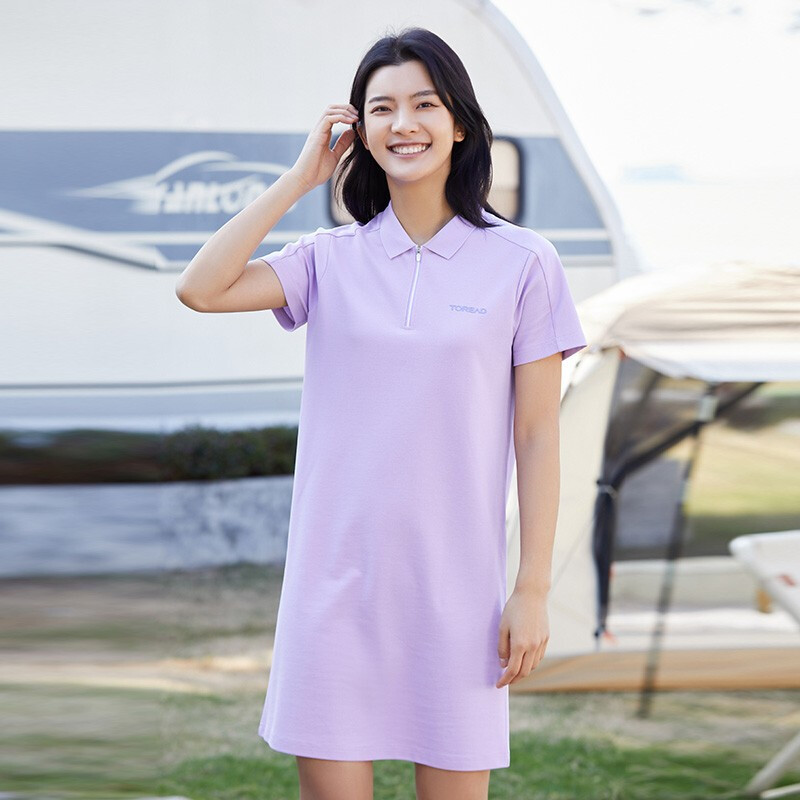 探路者 POLO衫女棉质 22春夏户外中长款轻薄宽松舒适运动长款过膝T恤女POLO裙AQK82777