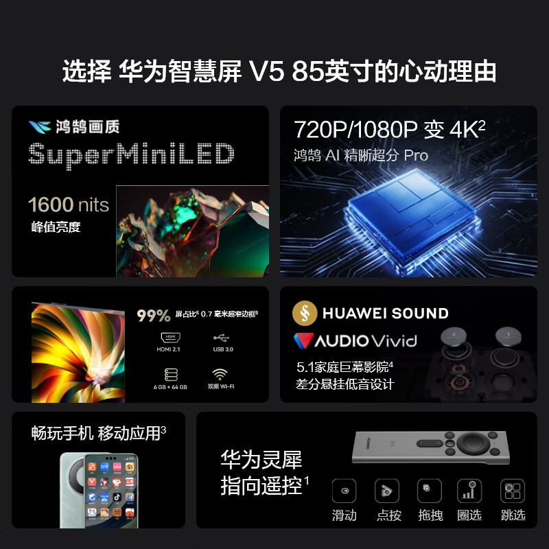 华为智慧屏 V5 85英寸 灵犀指向遥控 Super MiniLED 鸿鹄画质 4K超高清护眼电视 85英寸巨幕影院
