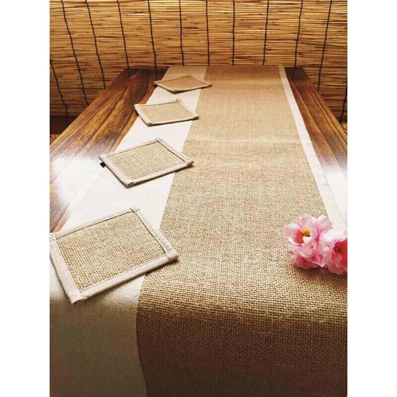 桌旗茶旗茶席茶垫茶道零配日式黄麻茶布棉麻桌垫桌布茶巾桌布麻布麻色黄麻300*35cm(定做款)配6个茶垫