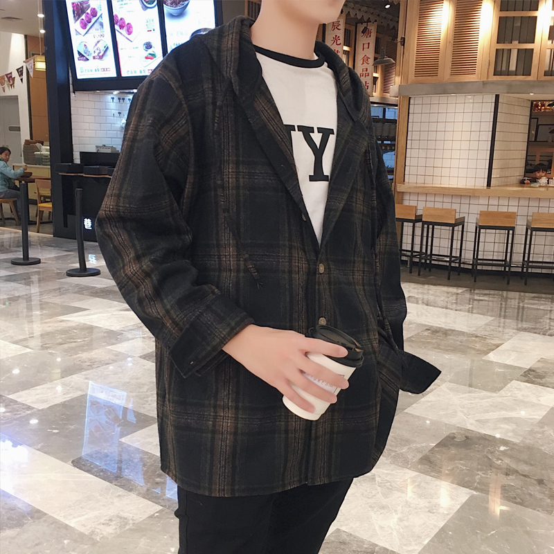 秋季格子衬衫男长袖韩版潮流港风chic慵懒风早秋上衣外套网红衬衣