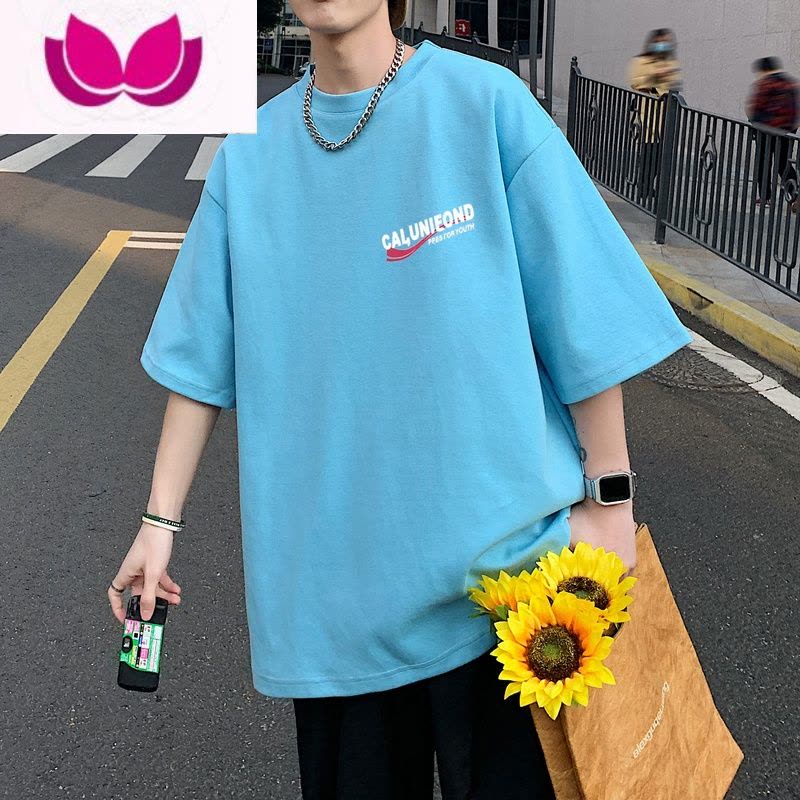 七斓vintage美式小领口男士短袖t恤精梳棉高克上衣服简约印花港风图片