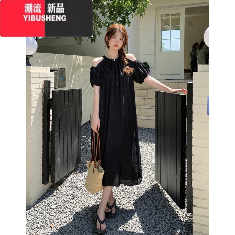 YIBUSHENG大码法式雪纺连衣裙女季梨形身材露肩a字裙宽松胖MM遮肚子裙子 黑色 4XL码建议180-200斤大码