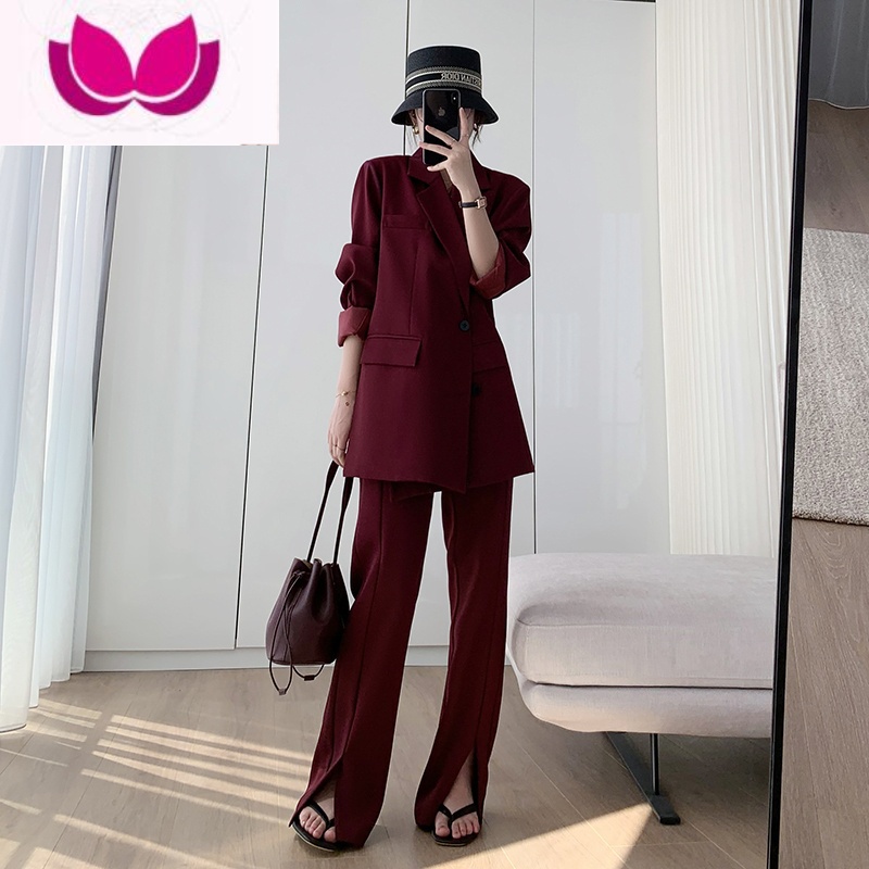 七斓休闲西装外套女2023春季新款系带收腰显瘦微喇开叉裤洋气套装高清大图