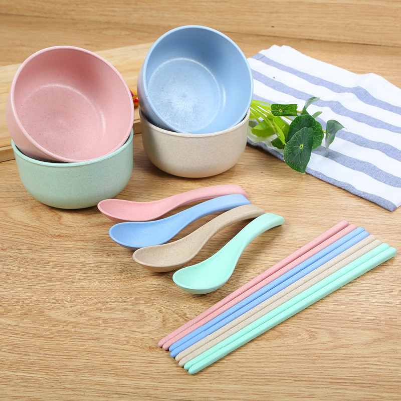 4碗4筷4勺套筷勺小麦秸秆餐具家用学生米饭碗筷套装麦纤维儿童