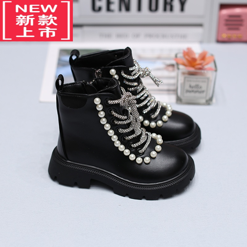 可莉允女童靴子2022新款冬季新款加绒洋气珍珠女孩公主靴二棉儿童马丁靴