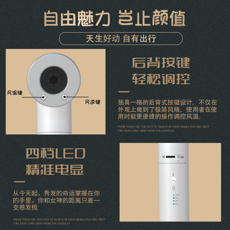 由魅(umay)无线吹风机第五代充电型电吹风 户外游泳住校风筒RX-015A 精致双电池款