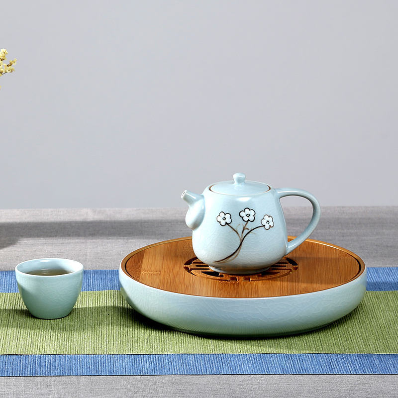 常生源 茶盘茶托仿宋汝窑竹木功夫茶盘开片茶台茶海 皓月茶盘
