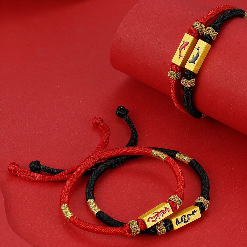 周六福zhouliufu黄金手链男女定价足金3d硬金龙凤红黑情侣手绳官方