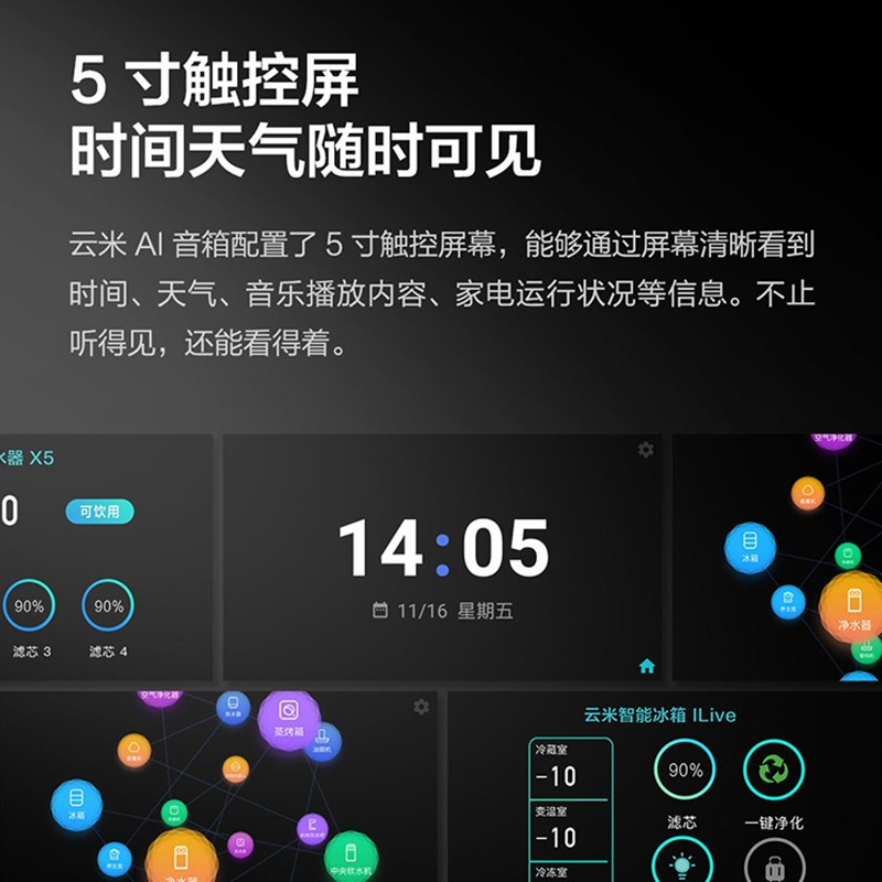 小米(mi) 云米AI音箱(触屏版) 云米小V全屋智能家电控制 语音助手蓝牙音箱WiFi音箱触摸屏