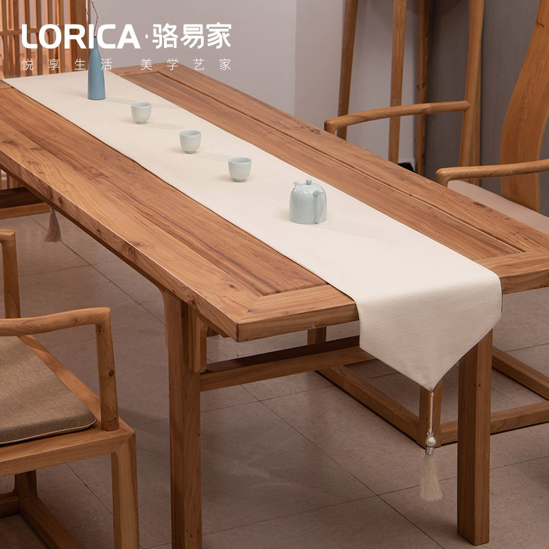 新中式桌旗禅意色棉麻茶几餐桌布日式长条北欧现代简约五斗柜布 平织-白色 33*280cm(适用桌长2.3米-2.4米)