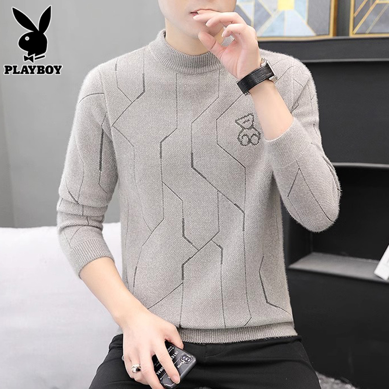 花花公子水貂绒毛衣男士半高领打底毛线衣春秋季新款修身针织衫新高清大图
